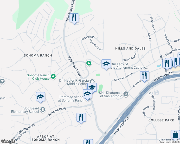 map of restaurants, bars, coffee shops, grocery stores, and more near 8126 Prospect Point in San Antonio
