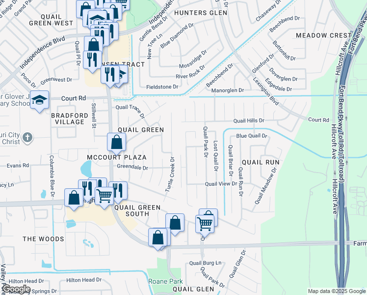 map of restaurants, bars, coffee shops, grocery stores, and more near 16442 Lonesome Quail Drive in Missouri City