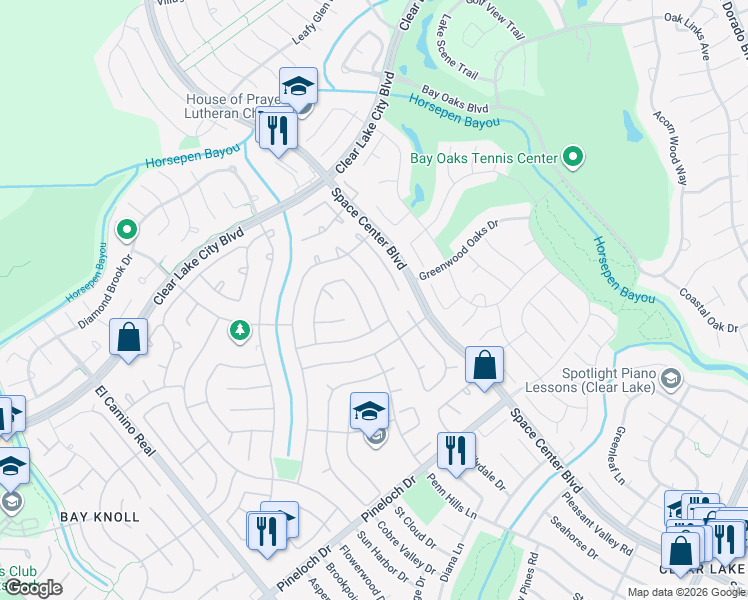 map of restaurants, bars, coffee shops, grocery stores, and more near 14402 Fair Knoll Way in Houston