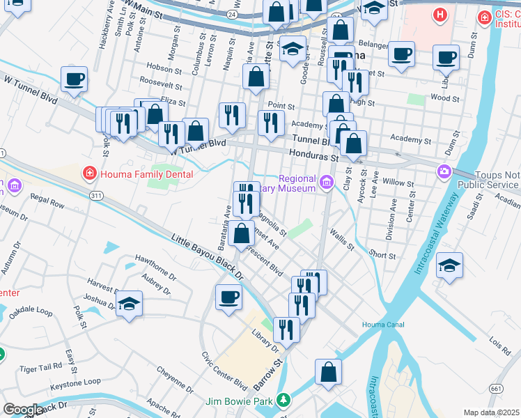map of restaurants, bars, coffee shops, grocery stores, and more near 315 Commerce Street in Houma