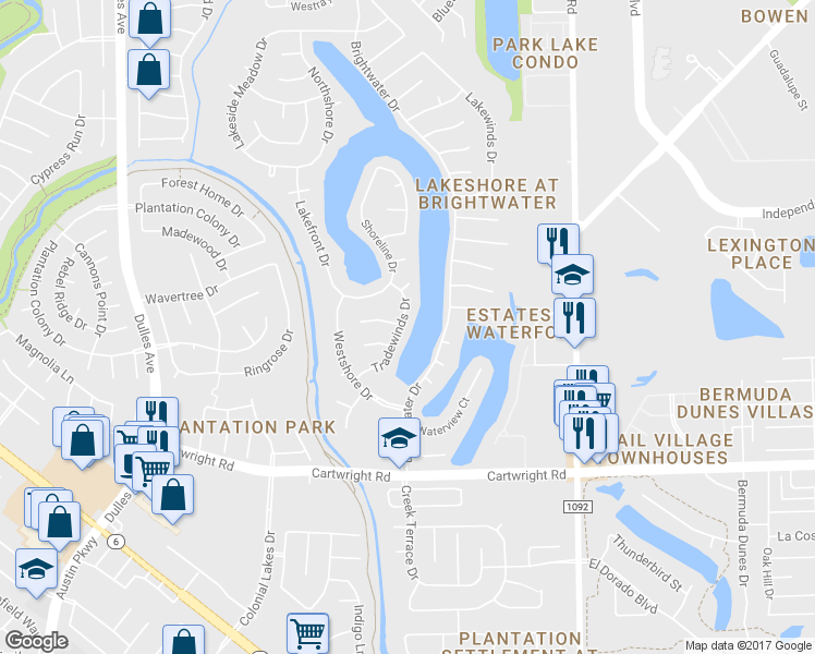map of restaurants, bars, coffee shops, grocery stores, and more near 2019 Tradewinds Drive in Missouri City