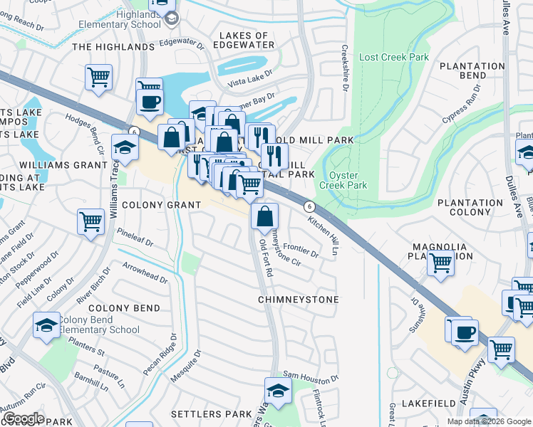 map of restaurants, bars, coffee shops, grocery stores, and more near 2507 Old Fort Road in Sugar Land