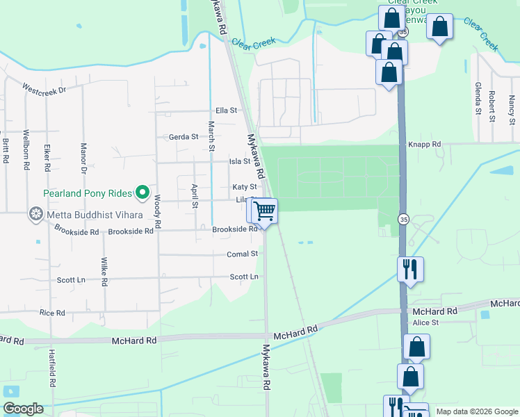 map of restaurants, bars, coffee shops, grocery stores, and more near 1302 Mykawa Road in Pearland