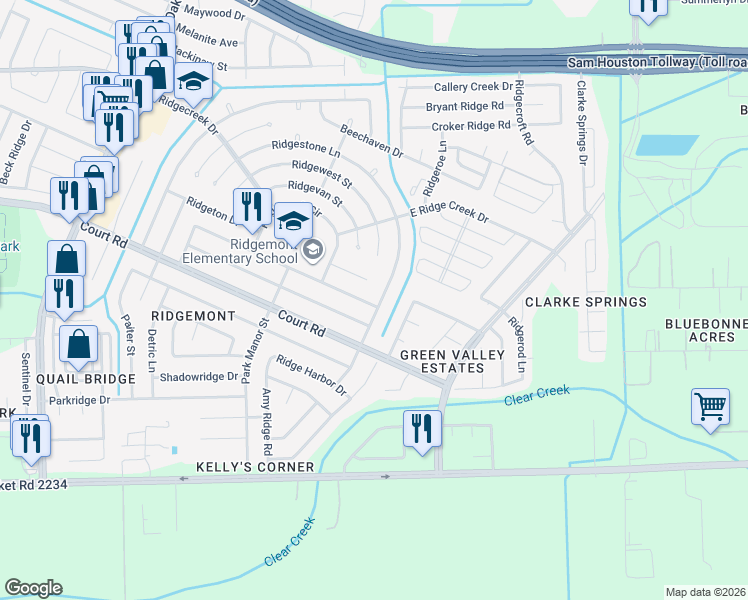 map of restaurants, bars, coffee shops, grocery stores, and more near 16122 Rapidcreek Drive in Houston
