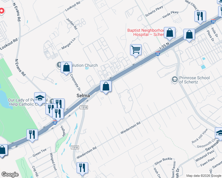 map of restaurants, bars, coffee shops, grocery stores, and more near 16380 Interstate 35 in Selma