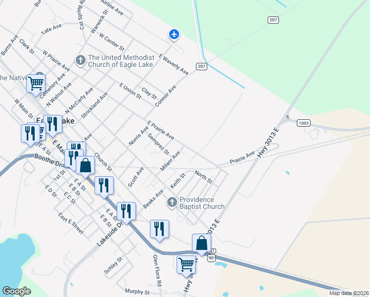 map of restaurants, bars, coffee shops, grocery stores, and more near 901 East Prairie Avenue in Eagle Lake