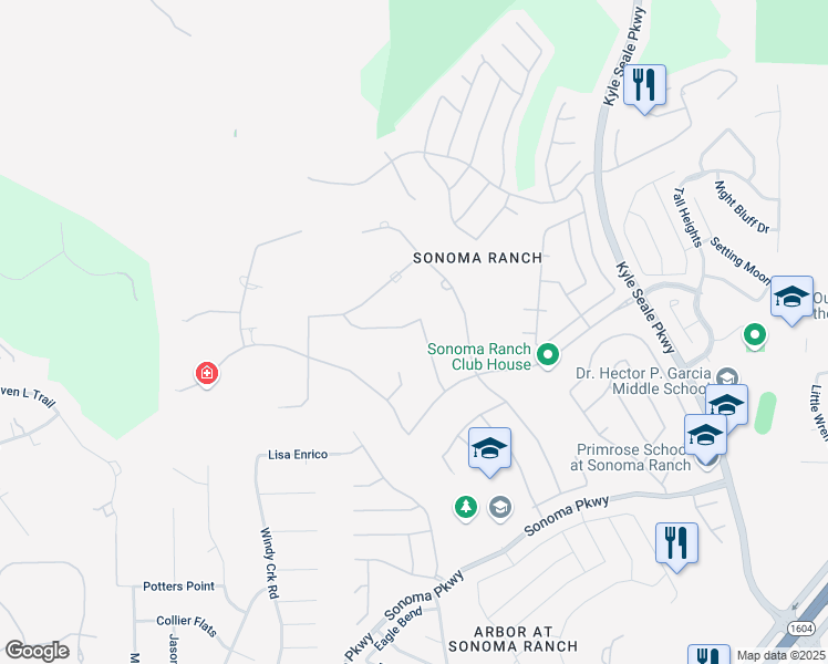 map of restaurants, bars, coffee shops, grocery stores, and more near 323 Tulorosa Ridge in Helotes