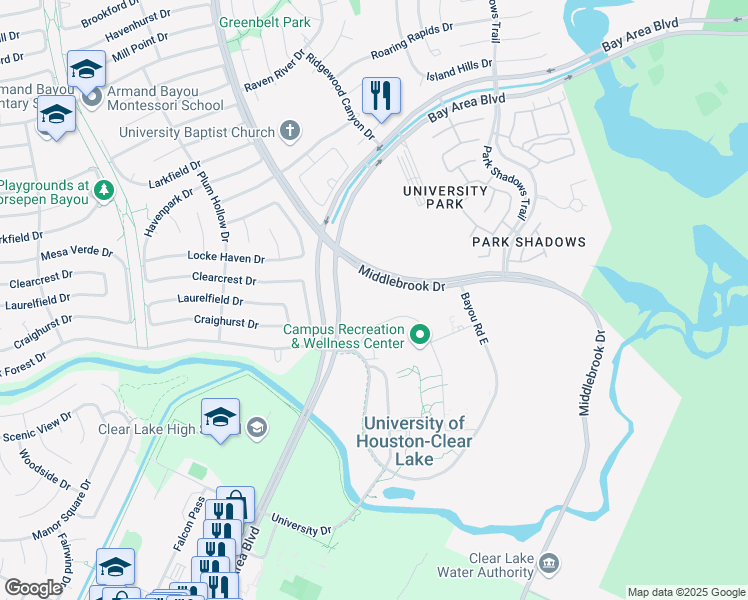 map of restaurants, bars, coffee shops, grocery stores, and more near 3600 Bay Area Boulevard in Houston