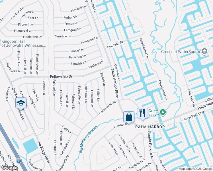 map of restaurants, bars, coffee shops, grocery stores, and more near 16 Farnell Lane in Palm Coast
