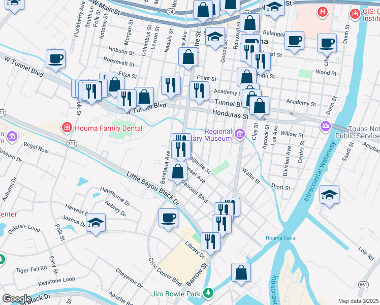 map of restaurants, bars, coffee shops, grocery stores, and more near 315 Commerce Street in Houma
