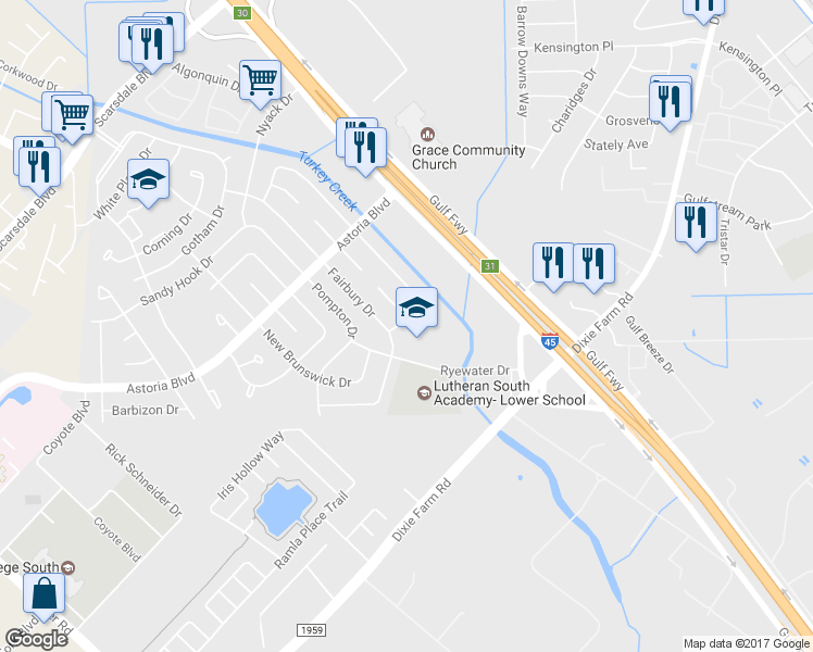 map of restaurants, bars, coffee shops, grocery stores, and more near 12338 Flushing Meadows Drive in Houston