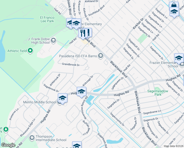 map of restaurants, bars, coffee shops, grocery stores, and more near 8715 Kirksage Drive in Houston