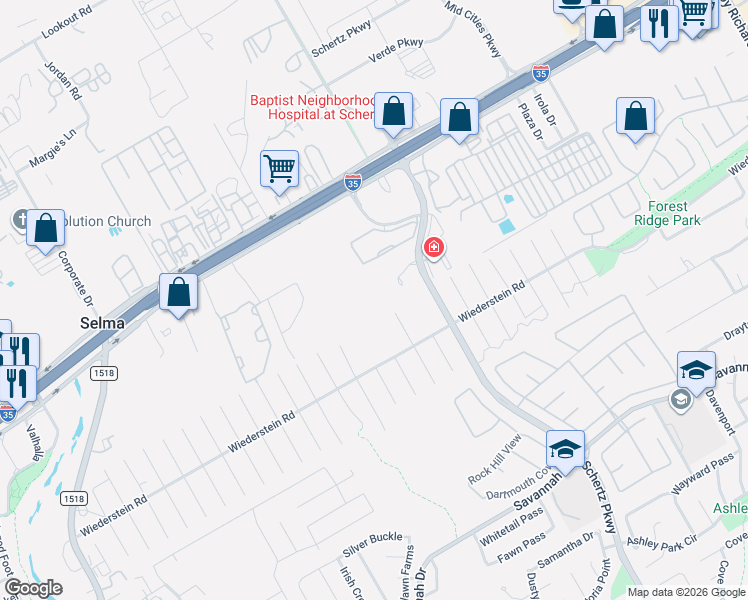 map of restaurants, bars, coffee shops, grocery stores, and more near 5001 Schertz Parkway in Schertz