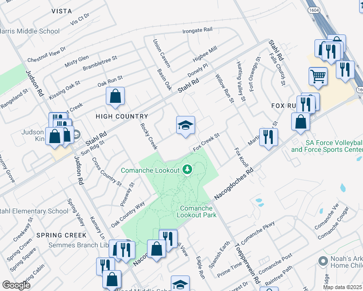 map of restaurants, bars, coffee shops, grocery stores, and more near 6111 Fox Creek Street in San Antonio