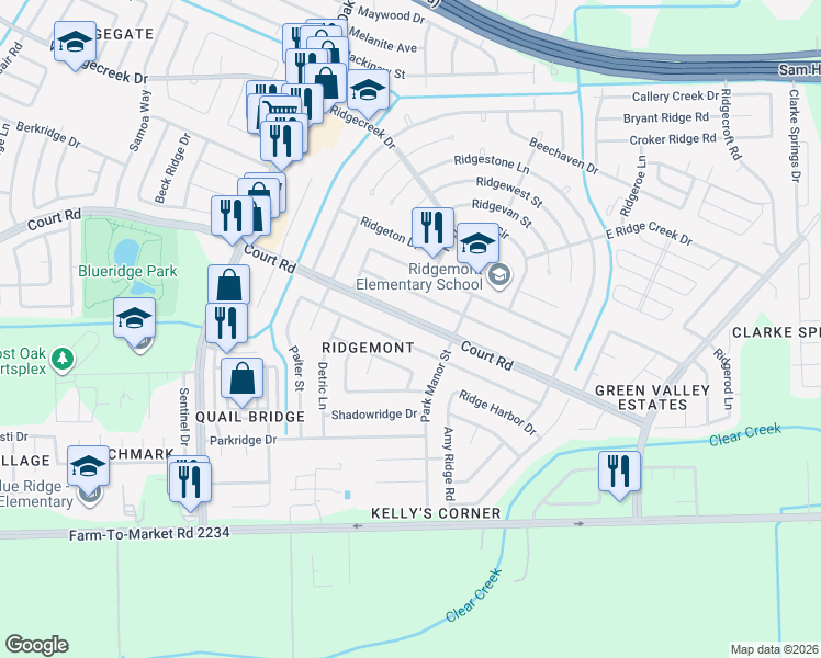 map of restaurants, bars, coffee shops, grocery stores, and more near 5035 Court Road in Houston