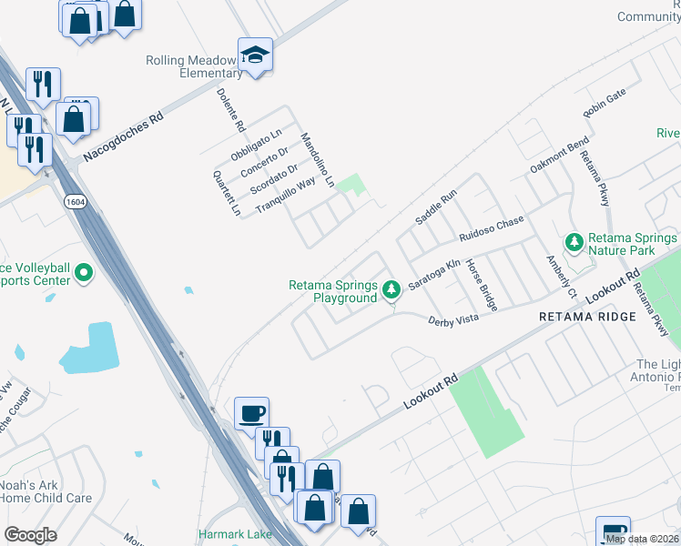 map of restaurants, bars, coffee shops, grocery stores, and more near 7635 Derby Run in Schertz