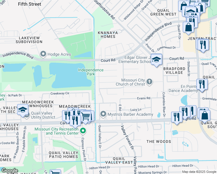 map of restaurants, bars, coffee shops, grocery stores, and more near 2330 Bright Meadows Drive in Missouri City