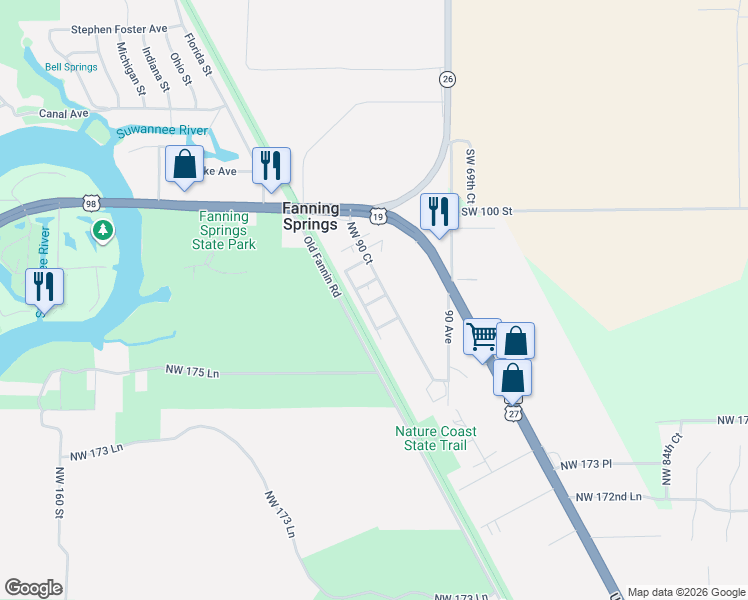 map of restaurants, bars, coffee shops, grocery stores, and more near 9210 Northwest 177th Lane in Fanning Springs