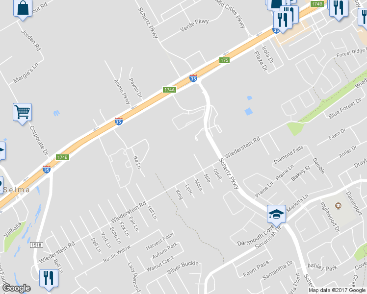 map of restaurants, bars, coffee shops, grocery stores, and more near Nile in Schertz