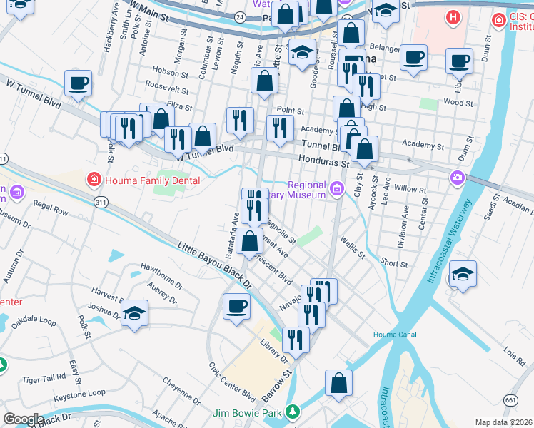 map of restaurants, bars, coffee shops, grocery stores, and more near 315 Commerce Street in Houma