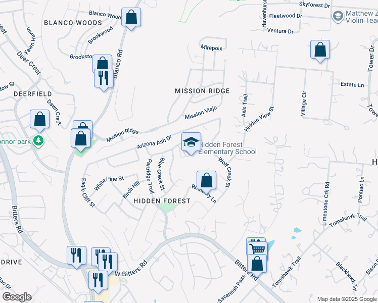 map of restaurants, bars, coffee shops, grocery stores, and more near 802 Silver Spruce Street in San Antonio