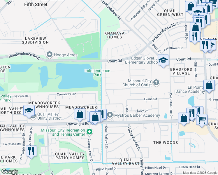 map of restaurants, bars, coffee shops, grocery stores, and more near 2136 Valley Manor Drive in Missouri City