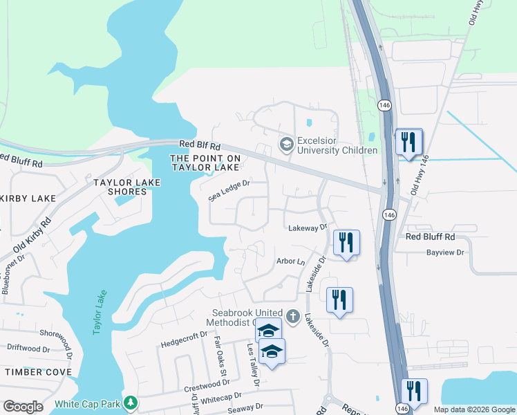 map of restaurants, bars, coffee shops, grocery stores, and more near 4114 Windjammer Court in Seabrook
