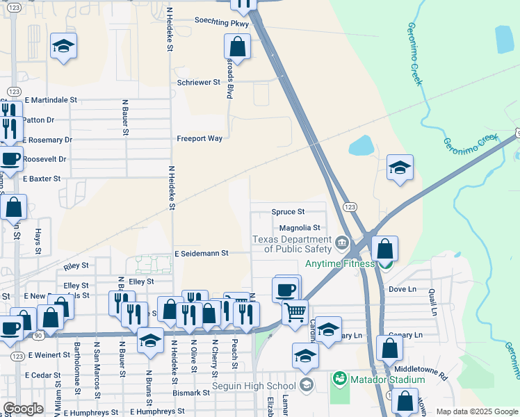 map of restaurants, bars, coffee shops, grocery stores, and more near 1108 Spruce Street in Seguin