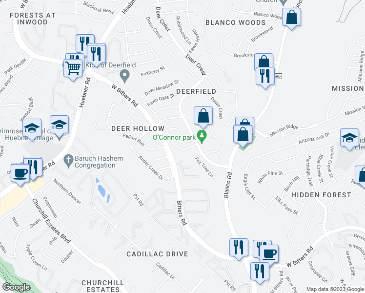 map of restaurants, bars, coffee shops, grocery stores, and more near 1726 Eagle Meadow in San Antonio