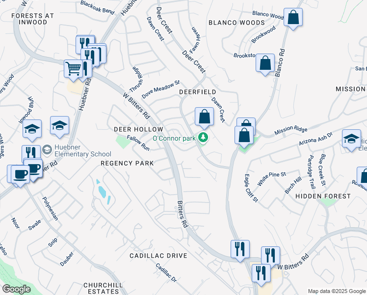 map of restaurants, bars, coffee shops, grocery stores, and more near 1726 Eagle Meadow in San Antonio