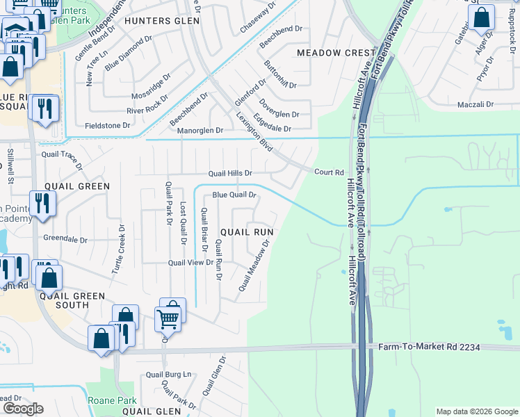 map of restaurants, bars, coffee shops, grocery stores, and more near 16423 Quail Call Drive in Missouri City