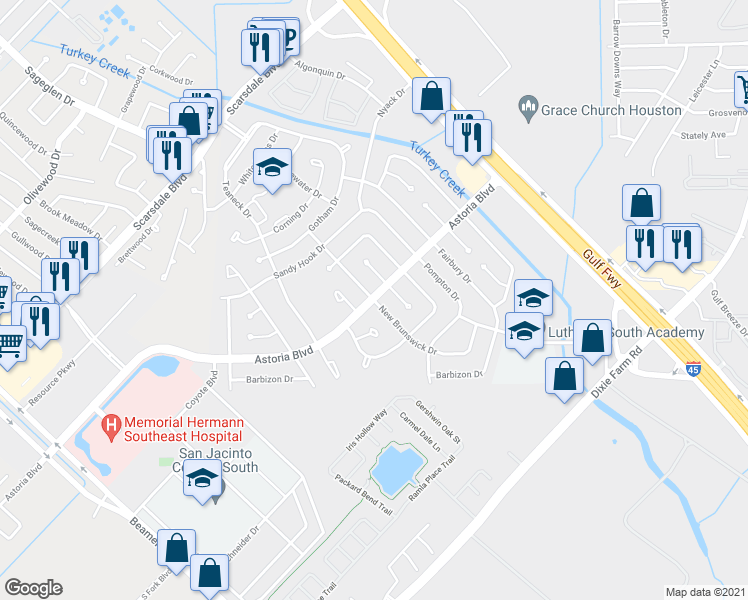 map of restaurants, bars, coffee shops, grocery stores, and more near Astoria Blvd & New Brunswick Dr in Houston