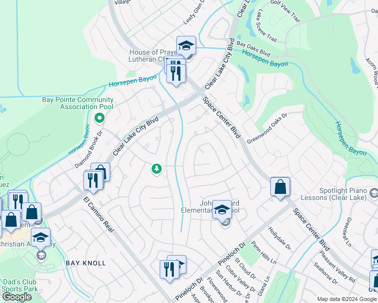 map of restaurants, bars, coffee shops, grocery stores, and more near 14311 Oak Chase Drive in Houston