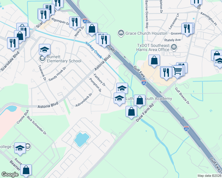 map of restaurants, bars, coffee shops, grocery stores, and more near 12338 Flushing Meadows Drive in Houston