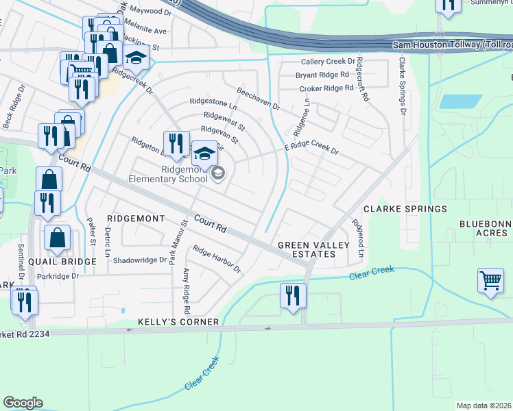 map of restaurants, bars, coffee shops, grocery stores, and more near 16122 Rapidcreek Drive in Houston