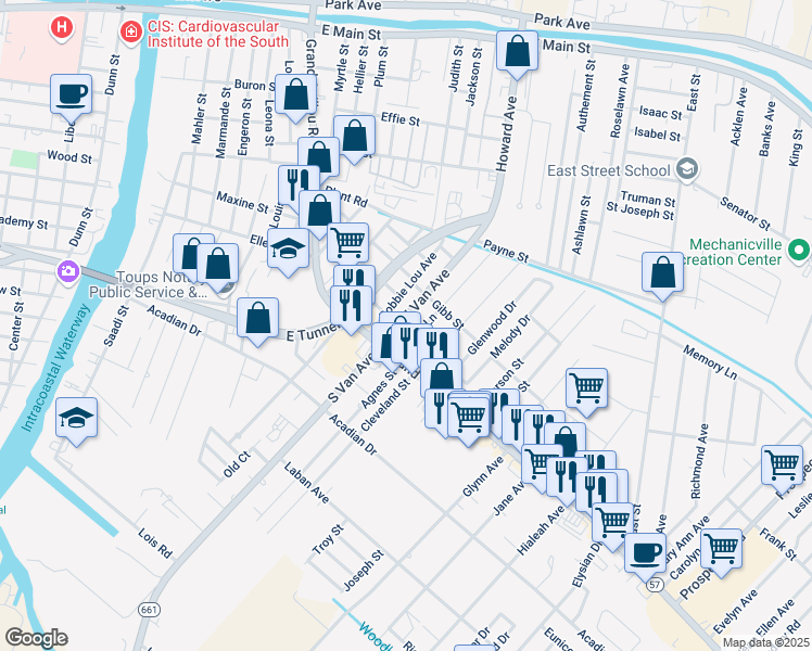 map of restaurants, bars, coffee shops, grocery stores, and more near 707 Grand Caillou Road in Houma