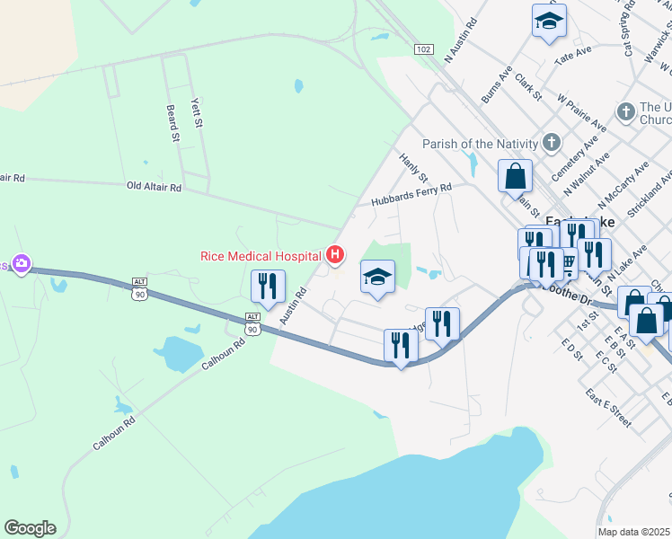 map of restaurants, bars, coffee shops, grocery stores, and more near 600 Austin Road in Eagle Lake