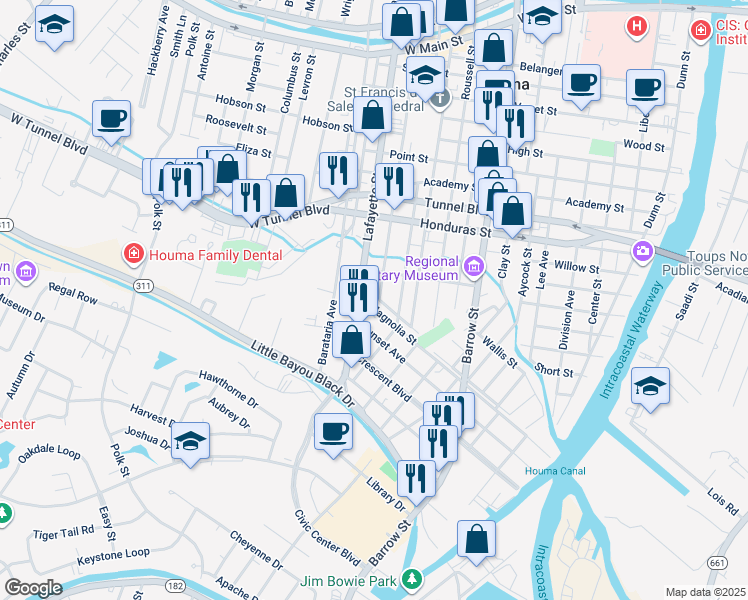 map of restaurants, bars, coffee shops, grocery stores, and more near 315 Commerce Street in Houma