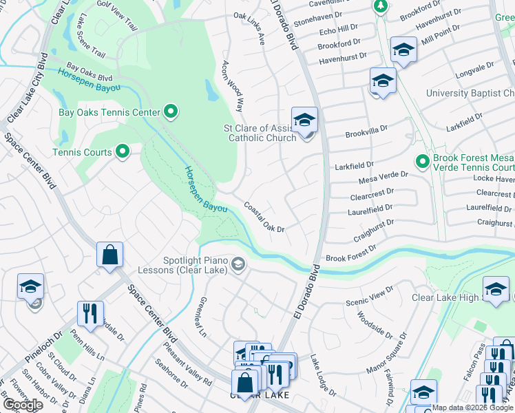 map of restaurants, bars, coffee shops, grocery stores, and more near 2707 Coastal Oak Drive in Houston