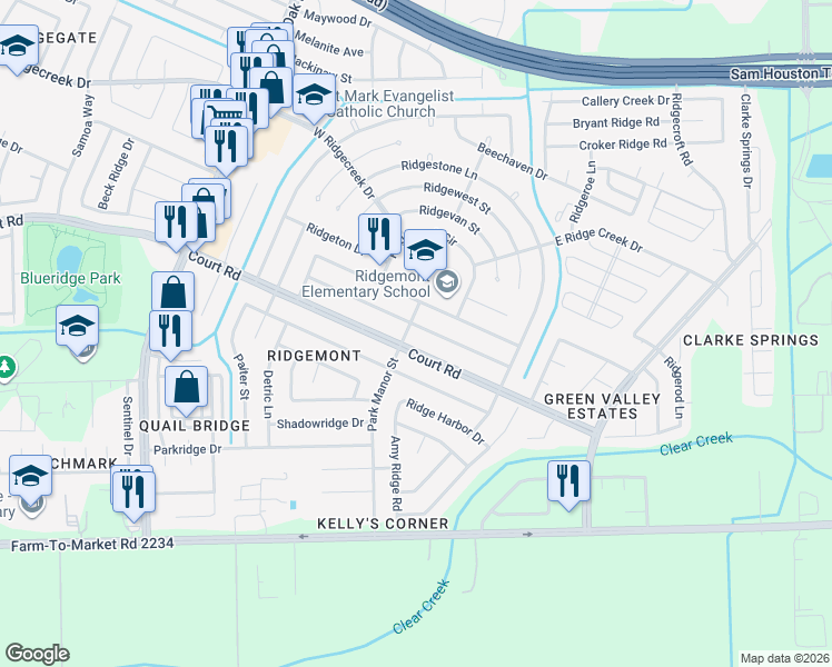 map of restaurants, bars, coffee shops, grocery stores, and more near 4911 Porter Ridge Drive in Houston