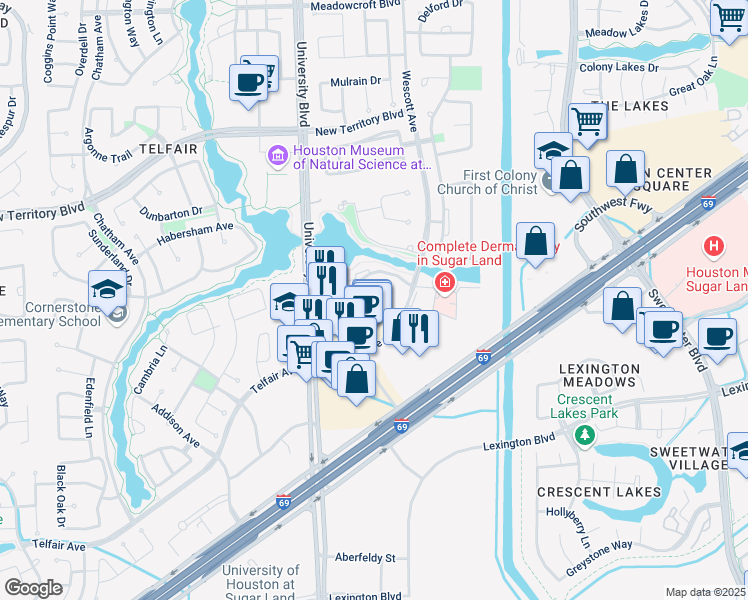 map of restaurants, bars, coffee shops, grocery stores, and more near 7500 Branford Place in Sugar Land