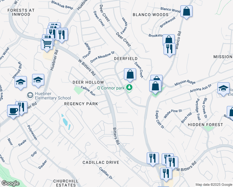 map of restaurants, bars, coffee shops, grocery stores, and more near 1726 Eagle Meadow in San Antonio