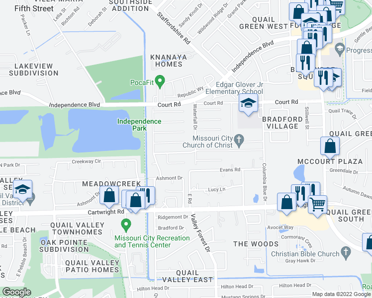 map of restaurants, bars, coffee shops, grocery stores, and more near 2302 Bright Meadows Drive in Missouri City