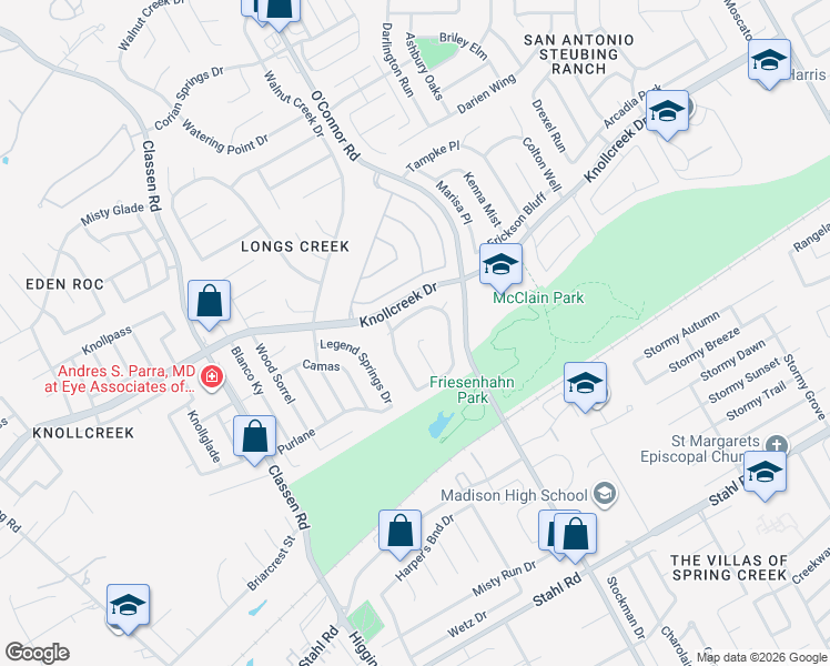 map of restaurants, bars, coffee shops, grocery stores, and more near 15435 Canteen Creek Dr in San Antonio