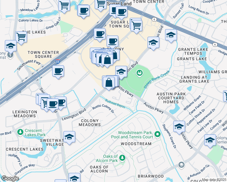 map of restaurants, bars, coffee shops, grocery stores, and more near 16525 Lexington Boulevard in Sugar Land