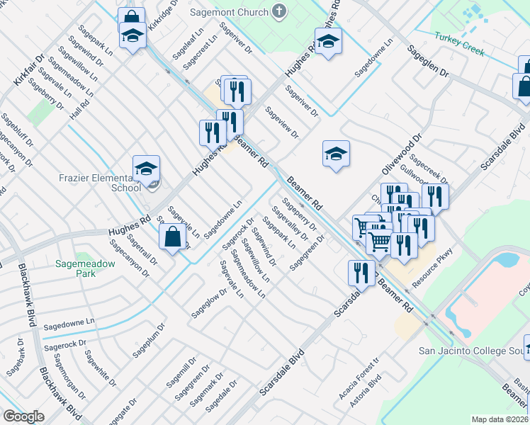 map of restaurants, bars, coffee shops, grocery stores, and more near 11438 Sagepark Lane in Houston