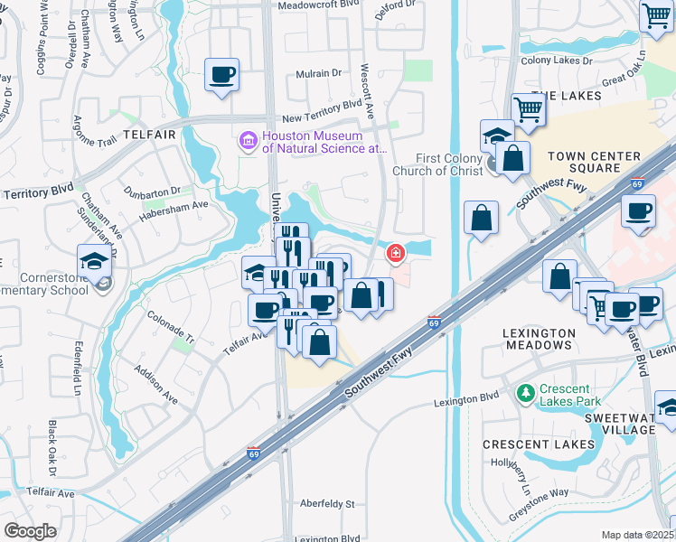 map of restaurants, bars, coffee shops, grocery stores, and more near 7500 Branford Place in Sugar Land
