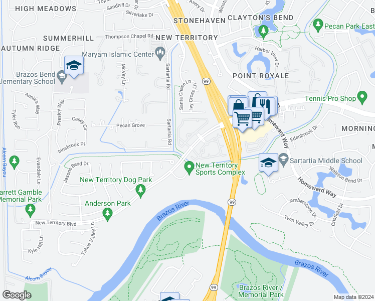 map of restaurants, bars, coffee shops, grocery stores, and more near 5562 New Territory Boulevard in Sugar Land