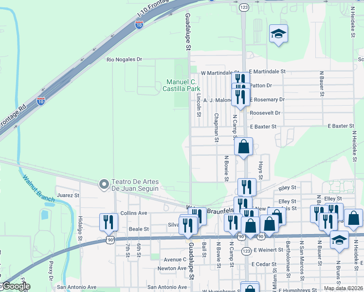 map of restaurants, bars, coffee shops, grocery stores, and more near 1720 North Guadalupe Street in Seguin