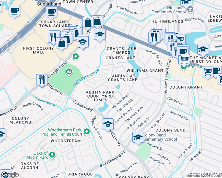 map of restaurants, bars, coffee shops, grocery stores, and more near 3001 Old Masters Drive in Sugar Land